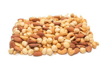 Mix of nuts isolated on white background. Top view.