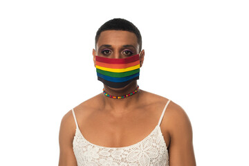 african american transvestite man in lgbt colors medical mask isolated on white