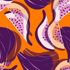 Figs friuts on the orange bright background, hand drawn seamless pattern 