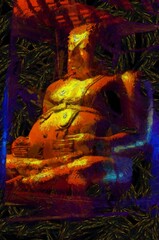 Buddha statue of Sangkhachai Buddha With a large fat shape and golden color in the shadows Illustrations creates an impressionist style of painting.