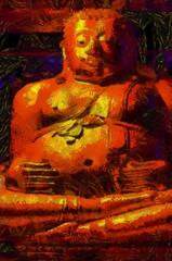 Buddha statue of Sangkhachai Buddha With a large fat shape and golden color in the shadows Illustrations creates an impressionist style of painting.