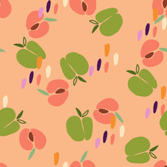 Abstract hand drawn apples and appricots on the seamless pattern
