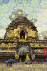 Ancient pagoda Illustrations creates an impressionist style of painting.