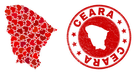 Mosaic Ceara state map formed from red love hearts, and rubber badge. Vector lovely round red rubber badge imprint with Ceara state map inside.
