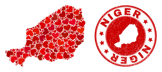 Mosaic Niger map formed with red love hearts, and scratched seal. Vector lovely round red rubber seal stamp imitation with Niger map inside.
