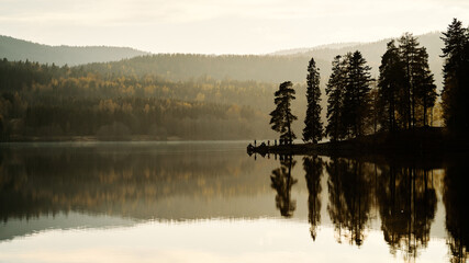 Springtime at the lake. Fog, mist and sun rays.