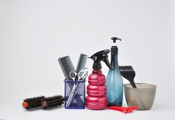 Barber shop and barber shop hair accessories on white background