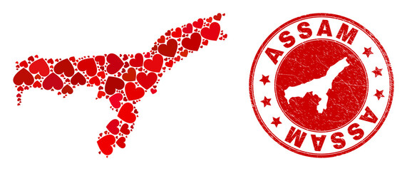 Collage Assam State map formed from red love hearts, and unclean seal stamp. Vector lovely round red rubber seal imitation with Assam State map inside.