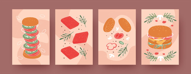 Set of contemporary posters with double cheeseburger. Bread buns, vegetables, ham and complete burger pastel vector illustrations. Fast food, menu designs for social media, postcards, invitation cards