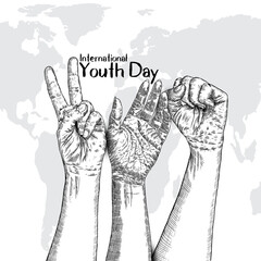 International Youth day design on annual 12 August celebration. Hand drawn sketch concept. Design of friendship day. Friends day. Vector.