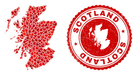 Collage Scotland map composed with red love hearts, and dirty seal stamp. Vector lovely round red rubber seal stamp imprint with Scotland map inside.