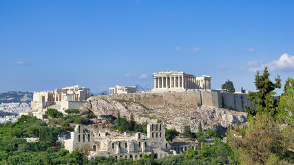 Acropolis , Parthenon , blue sky in spring . Athens ,Greece 4-25-2021