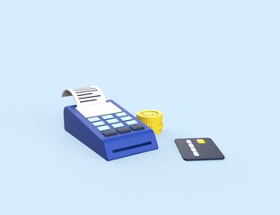 3D design Payment terminal and credit card. Pos machine illustration. Render model isolated blue background.