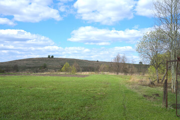 A field of green grass and a blue sky with white clouds. A mountain in the distance. A clear spring day