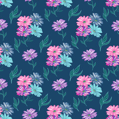 vector pattern with colorful daisies on a blue background