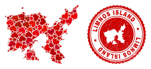 Collage Limnos Island map composed with red love hearts, and scratched badge. Vector lovely round red rubber badge imprint with Limnos Island map inside.