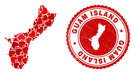 Mosaic Guam Island map designed from red love hearts, and rubber seal. Vector lovely round red rubber seal imitation with Guam Island map inside. - obrazy, fototapety, plakaty