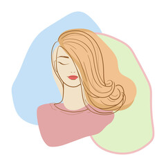 Hand-drawn outline of the face of a beautiful woman with bright lips and her hair arranged on one side in soft colors. Vector design element for beauty salon, spa, shampoo, cosmetics, label, print