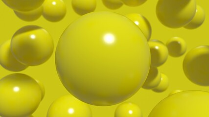 abstract composition yellow spheres balls blur reflection glare light 3d render