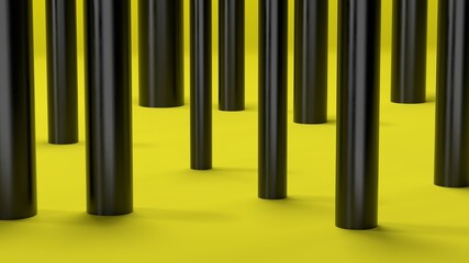 abstract composition black shiny pillars cylinders on yellow floor background light lighting studio 3d render