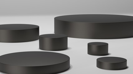 abstract composition minimalistic pedestal circles cylinders black on white floor light lighting 3d render