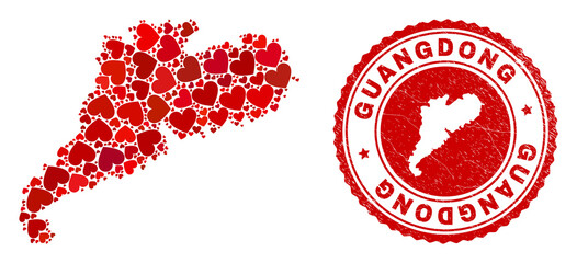 Mosaic Guangdong Province map created from red love hearts, and grunge seal. Vector lovely round red rubber seal stamp imprint with Guangdong Province map inside.