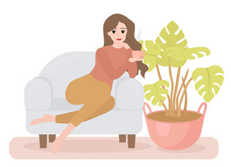 A girl with long curly hair sitting on a couch with a cup of coffee. Next to a sofa  is a palm tree in a basket. Girl is relaxed and calm. Vector. Flat style illustration.