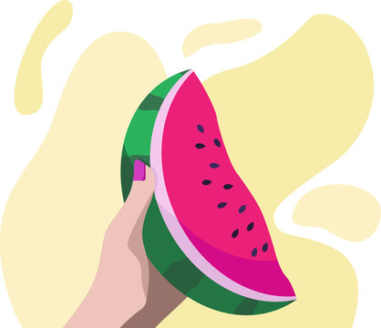 simple vector illustration with a juicy watermelon in your hand. summer image for site menus and banners.