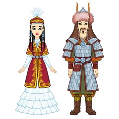 Animation  portrait of  Asian family in a national hat and clothes. Male warrior and female princess. Full growth. Central Asia. Vector illustration isolated on a white background.