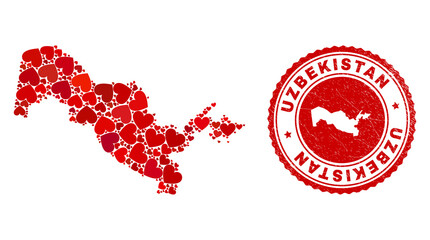 Mosaic Uzbekistan map created with red love hearts, and scratched seal stamp. Vector lovely round red rubber stamp imitation with Uzbekistan map inside.