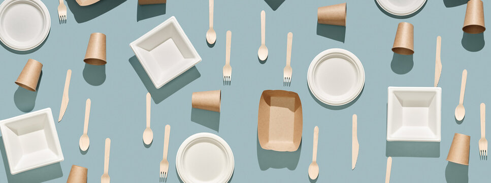 Disposable paper dishes. Biodegradable alternative to plastic. Zero waste concept
