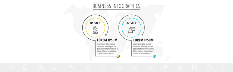 Vector infographics two circles with arrows. Line business concept of 2 steps, options. Infographic template for diagram, web, banner, presentations, flowchart, content, levels, chart