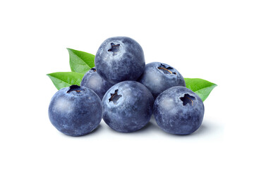 Pile of Blueberries fruits with leaves  isolated on white background