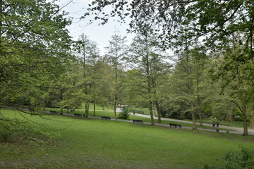 L'une des pelouses en pente sous un ciel gris au parc Josaphat à Schaerbeek