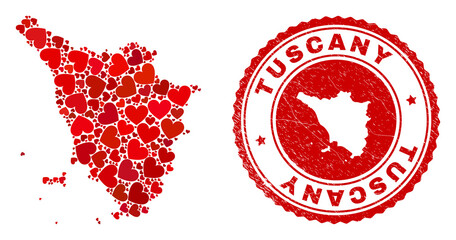Mosaic Tuscany region map designed from red love hearts, and corroded seal stamp. Vector lovely round red rubber seal stamp imitation with Tuscany region map inside.