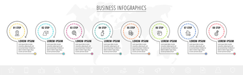 Vector infographics eight circles with arrows. Line business concept of 8 steps, options. Infographic template for diagram, web, banner, presentations, flowchart, content, levels, chart