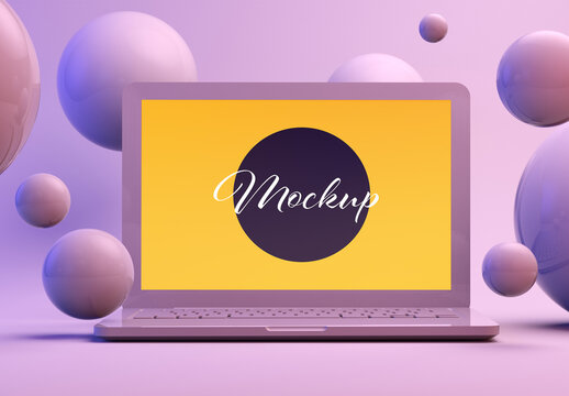 Standing Laptop Computer on a Purple Background with Spheres Mockup