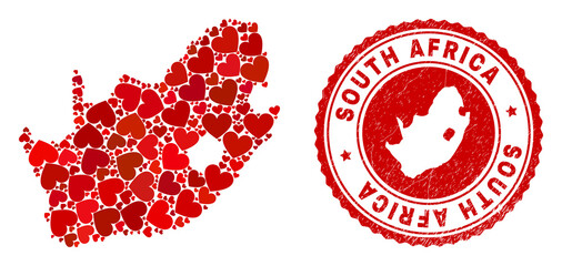 Collage South African Republic map composed with red love hearts, and textured stamp. Vector lovely round red rubber stamp imprint with South African Republic map inside.