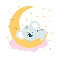 Koala sleeps on the moon. Vector. For baby  nursery