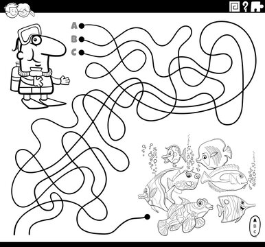 maze with cartoon diver and fish coloring book page