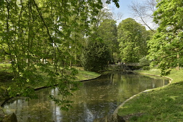 L'un des étangs et le pont rustique en rocaille à son bout sous la végétation luxuriante du parc Josaphat à Schaerbeek 