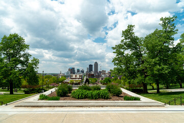 A view of downtown Des Moines, IA from the steps of the capitol building.