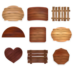 wooden realistic elements collection. Set of various shapes wooden sign boards for sale,price and discount stickers, banners, badges. Vector illustration. 