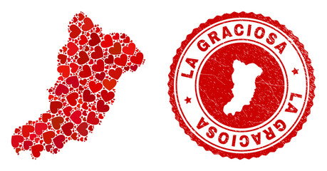 Mosaic La Graciosa Island map created from red love hearts, and rubber seal stamp. Vector lovely round red rubber badge imprint with La Graciosa Island map inside.