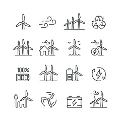 Wind turbine related icons: thin vector icon set, black and white kit © Mykola