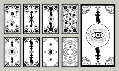 Back of Tarot card or playing card with floral ornamental elements and esoteric symbols. Victorian vintage style - obrazy, fototapety, plakaty