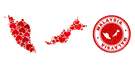 Collage Malaysia map composed with red love hearts, and grunge seal. Vector lovely round red rubber seal stamp imitation with Malaysia map inside.