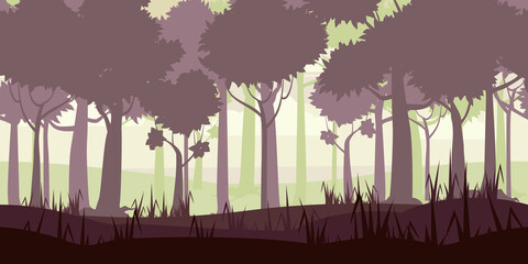 Obraz premium Jungle Tropical Forest landscape horizontal seamless background for games apps, design. Nature woods, trees, bushes, flora, vector