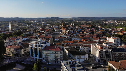 DRONE AERIAL VIEW - Panoramic cityscape view of Viseu in Portugal.