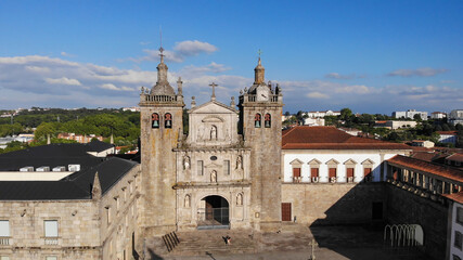 Viseu, Portugal - May 8, 2021: DRONE AERIAL VIEW - The Viseu Cathedral (Se Catedral de Viseu) is the Catholic bishopric seat of the city of Viseu, in Portugal.